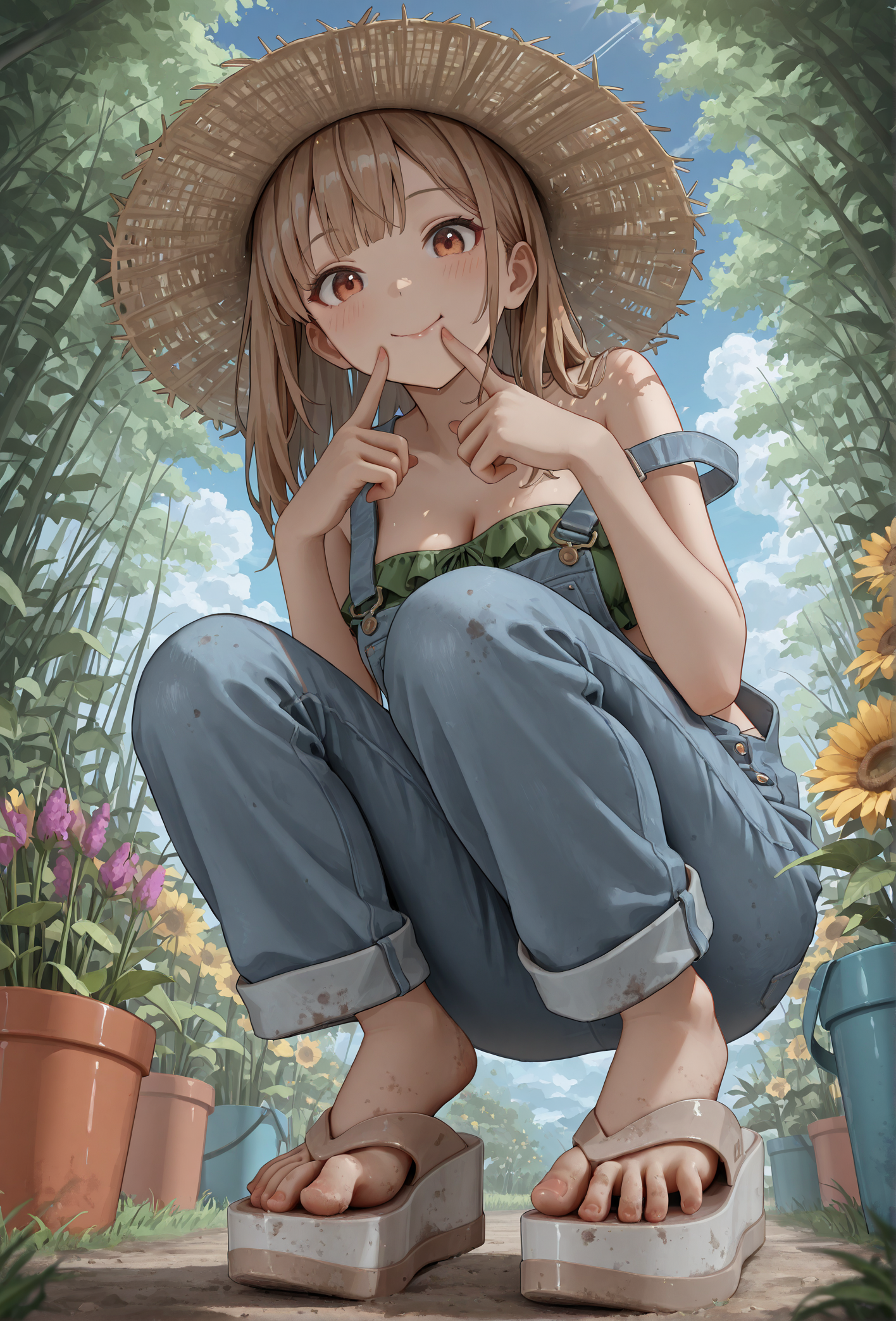 masterpiece, best quality, 
(mlsa flip flops), (platform footwear:1.2),
dirty shoes, dirty feet, (tiptoe:1.2), (spread toes:1.1),
finger on lips, curious, looking at viewer,
low angle, foot focus,
1girl, 
squatting,
straw hat, gardening, outdoors, dappled sunlight,
short denim overalls, strap slip, green frilled bandeau top,
medium breasts, 
happy, cute face,