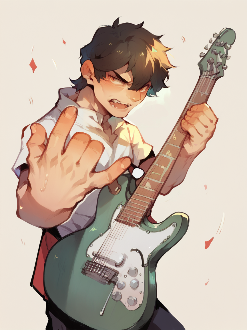 score_9, score_8_up, score_7_up, score_6_up, score_5_up,  <lora:r0ck0n:1> \m/, r0ck0n pose, 1boy, guitar,  <lora:su1zXLP:1> su1z