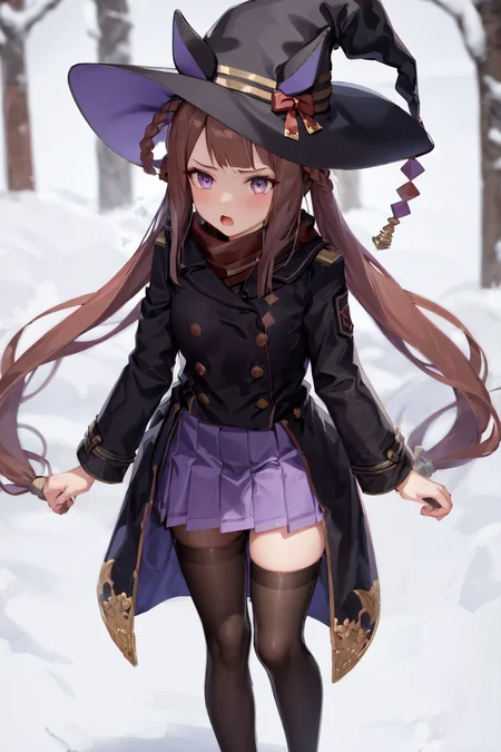 masterpiece, best quality,
sweep tosho \(umamusume\),
witch hat, hard breathing, open mouth, standing, winter,
red scarf, long sleeves, buttons, black coat, double-breasted, coat, pleated skirt, purple skirt, purple thighhighs, brown footwear, shoes,
<lora:sweep_tosho_locon_1.0:0.8>