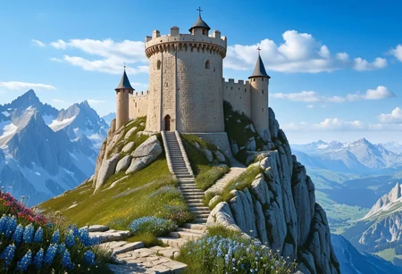 a crusader watchtower on a (tall rock spire), (13th Century:1.5), a stairway to the watchtower, gate, doorway, very wide shot, far out shot, fantasy, blue sky, alpine meadow flowers, best quality, masterpiece, realistic, photo-realistic, amazing, finely detail, ultra-detailed, highres, extremely detailed, 8k wallpaper