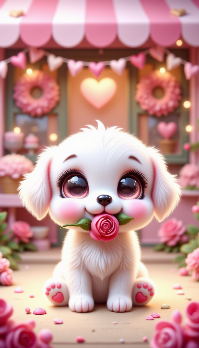 pinkchibivalentine, 
A chibi puppy with big sparkling eyes, holding a rose in its mouth, sitting in front of a candy shop decorated with heart-shaped wreaths and pastel-colored banners fluttering in the breeze.