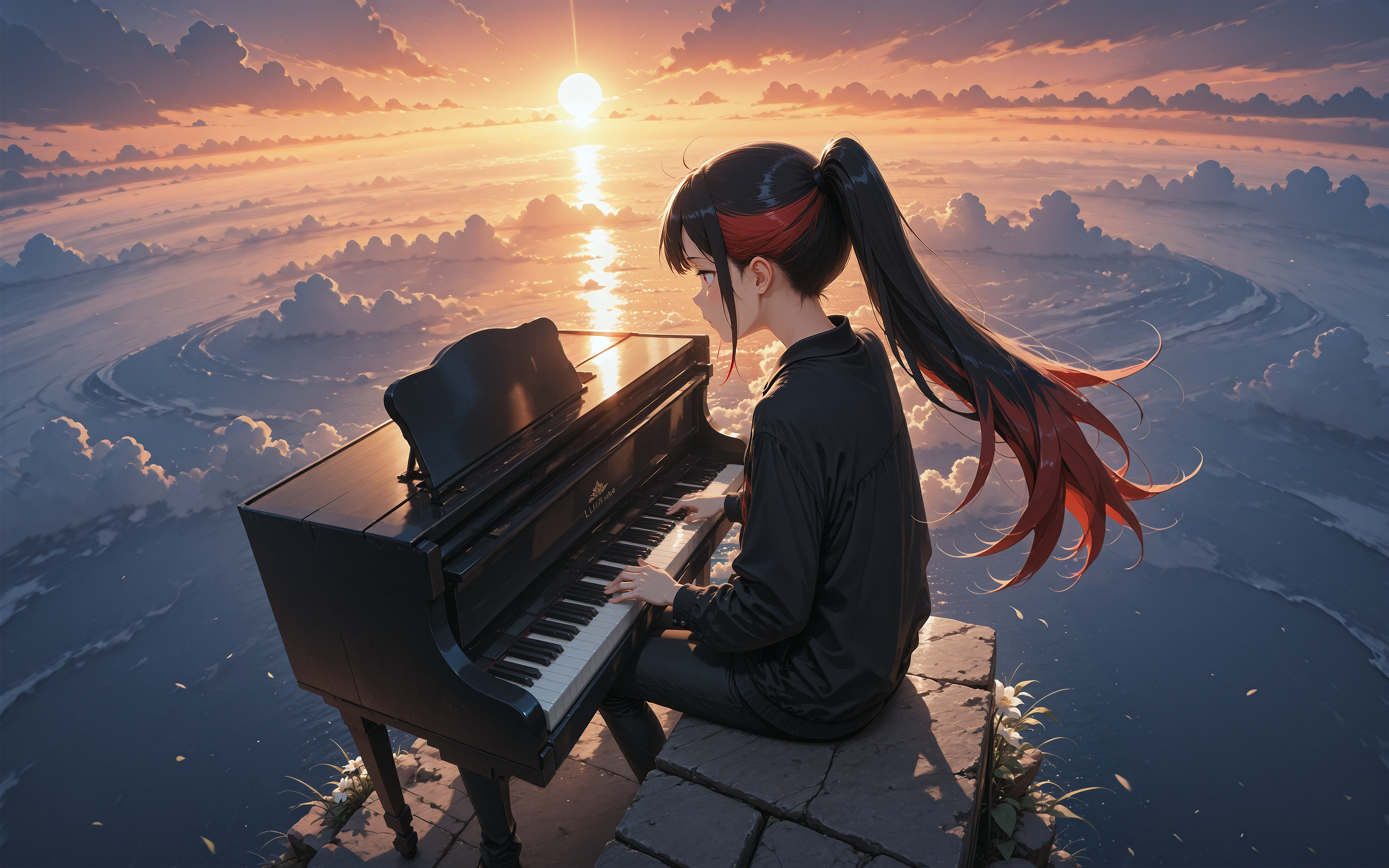 1girl, black jacket, black pants, red eyes red hair, multicolor hair, striped hair, ponytail, wind, very long hair, sitting, playing piano, side view, <lora:Lifeline_Style_V2_Illu_Edition:0.4>, llv2-illu, <lora:standing_on_the_edge:0.4> 5t4nd1ng_0n_3dg3, flowers, glowing clouds, sunlight, godrays, from above, scenary, wide angle, mountains, wide angle, ocean,