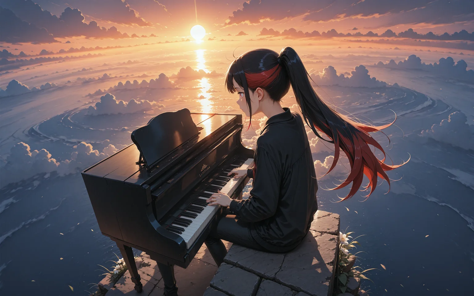 1girl, black jacket, black pants, red eyes red hair, multicolor hair, striped hair, ponytail, wind, very long hair, sitting, playing piano, side view, <lora:Lifeline_Style_V2_Illu_Edition:0.4>, llv2-illu, <lora:standing_on_the_edge:0.4> 5t4nd1ng_0n_3dg3, flowers, glowing clouds, sunlight, godrays, from above, scenary, wide angle, mountains, wide angle, ocean,
