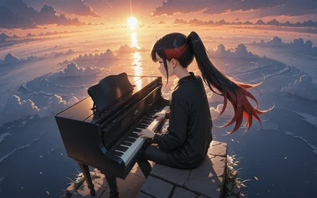 1girl, black jacket, black pants, red eyes red hair, multicolor hair, striped hair, ponytail, wind, very long hair, sitting, playing piano, side view, <lora:Lifeline_Style_V2_Illu_Edition:0.4>, llv2-illu, <lora:standing_on_the_edge:0.4> 5t4nd1ng_0n_3dg3, flowers, glowing clouds, sunlight, godrays, from above, scenary, wide angle, mountains, wide angle, ocean,
