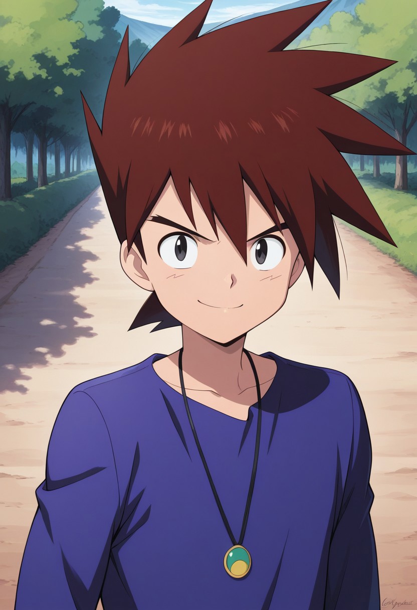 masterpiece,best quality,amazing quality, source_anime, 
gary_kanto, 1boy, male focus, solo, black eyes, brown hair, spiked hair, shirt, purple shirt, jewelry, necklace, smile,
outdoor,
