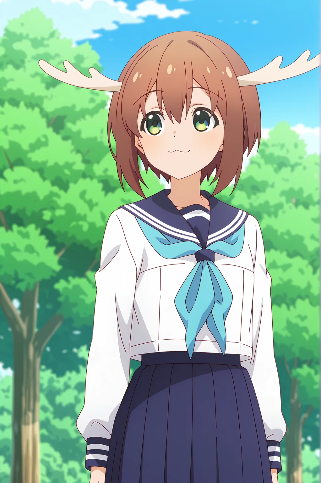 detailed background, official style,anime coloring, (anime screencap) masterpiece, detailed face,1girl   <lora:Noko_Shikanoko (1):0.8>Shikanoko, solo, school uniform, green eyes, brown hair, antlers, skirt, outdoors, serafuku,:3, white shirt, long sleeves, pleated skirt, sailor collar, day, shirt, short hair, neckerchief, blue neckerchief, tree, blue skirt, hair between eyes, sky, blurry background