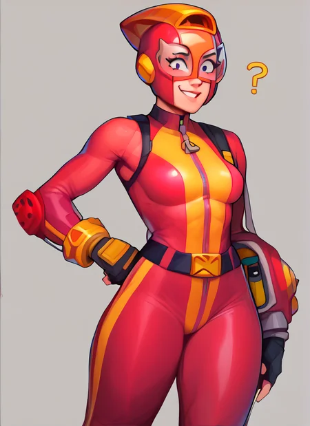 score_9, score_8_up, score_7_up, , bsmax , 1 girl , red bodysuit , simple background, red helmet , smile , glases , fingerless gloves, solo, confused, , yellow bracelet, belt <lora:bsmax:1> <lora:Kittew-4RCH0N:1>