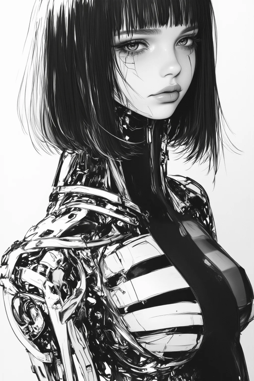 negative film style,cyberpunk,white lines, a black and white drawing of a woman with a robotic arm, set against a white background. Her face is clearly visible, with her eyes looking directly at the viewer.