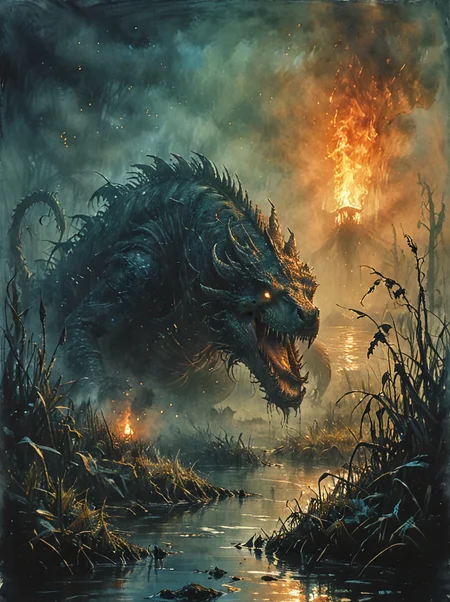 A dense, fog-covered marshland, home to a pack of amphibious bog creatures lurking beneath the water's surface, their eyes glowing ominously as they hunt for prey in the twilight., 
the scene is captured in dimly lit dark fantasy but vibrant colors, with bold ink lines defining form against the watercolor wash of the aged paper,fire,<lora:Desolation:0.2>,<lora:XL_boss_battle:1>
