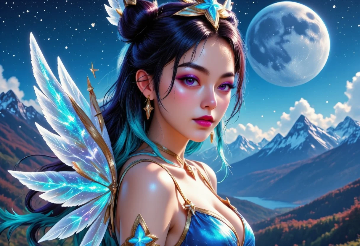 pinkenchantedmj, turquoise theme, a digital painting showcasing a realistic PSG Syndra. east face, Her eyes are purple, framed by thick, dramatic eyelashes. She has a pale, porcelain skin tone. She has two-toned hair, black and turquoise hair, twin buns. She has hair ornaments. She is wearing PSG clothes. upper body shot. blue and turquoise glitters shimmering all around her. her eye makeup is glittery and purple. closed mouth, serious look. her body and face is glowing like galaxies. she is surrounded by swirling, vibrant cosmic colors, vibrant star planet, ultra-detailed and photorealistic rendering, soft ambient lighting, starry nebulae in the background, dynamic and radiant color gradients, glowing reflections, cinematic composition, surreal and otherworldly atmosphere, intricate facial features, flowing hair infused with cosmic energy, luminous and ethereal, celestial radiance, soft yet detailed textures, otherworldly beauty. turquoise moon behind her on the sky, night view, view from below, upper body shot