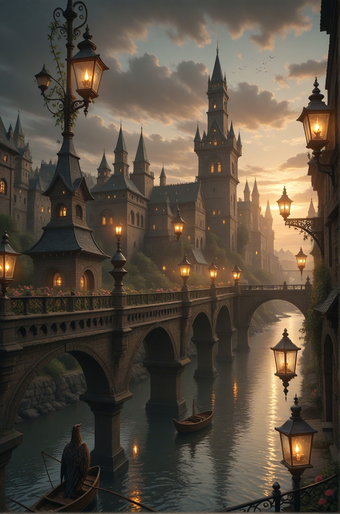 A stunning  a fantasy cityscape at night, featuring a medieval stone bridge over a calm river. The bridge is adorned with warm, golden lanterns, creating a magical atmosphere. In the background, a tall, ornate castle with a pointed tower stands amidst a misty, ethereal landscape. The sky is filled with dark, ominous clouds, adding to the eerie ambiance. The scene is illuminated by the warm glow of the lanterns and the reflection of the castle and the surrounding water. The art style is detailed and realistic, with a focus on the intricate details of the bridge and the castle..    
,photorealistic,masterpiece, best quality, amazing quality, very aesthetic, perfect eyes, 24yo, ( dramatic lighting) ,
,flower, outdoors, sky, cloud, water, no_humans, bird, cloudy_sky, plant, building, scenery, reflection, lantern, city, candle, fantasy, cityscape, multiple_others, architecture, watercraft, vines, bridge, lamppost, river, castle, evening, tower, boat, grey_sky, dusk, arch, reflective_water
