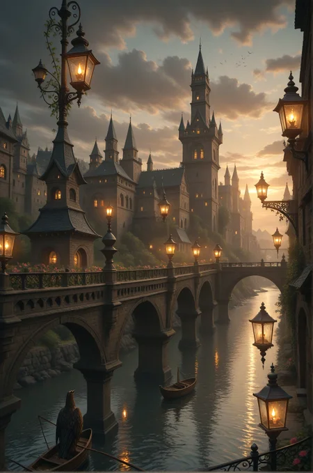 A stunning a fantasy cityscape at night, featuring a medieval stone bridge over a calm river. The bridge is adorned with warm, golden lanterns, creating a magical atmosphere. In the background, a tall, ornate castle with a pointed tower stands amidst a misty, ethereal landscape. The sky is filled with dark, ominous clouds, adding to the eerie ambiance. The scene is illuminated by the warm glow of the lanterns and the reflection of the castle and the surrounding water. The art style is detailed and realistic, with a focus on the intricate details of the bridge and the castle..
,photorealistic,masterpiece, best quality, amazing quality, very aesthetic, perfect eyes, 24yo, ( dramatic lighting) ,
,flower, outdoors, sky, cloud, water, no_humans, bird, cloudy_sky, plant, building, scenery, reflection, lantern, city, candle, fantasy, cityscape, multiple_others, architecture, watercraft, vines, bridge, lamppost, river, castle, evening, tower, boat, grey_sky, dusk, arch, reflective_water