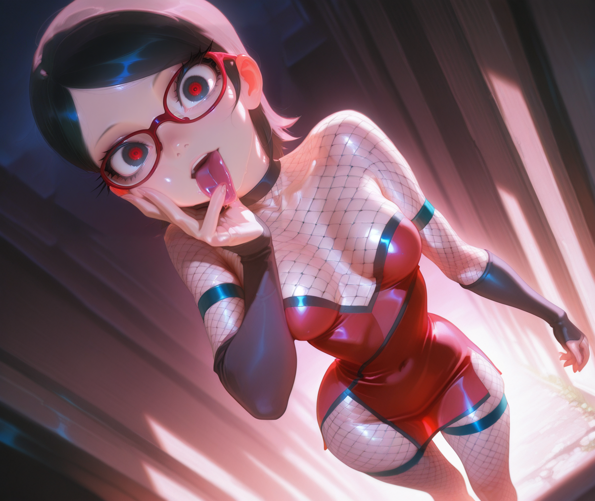 1girl, solo, uchiha sarada, medium breasts, wide hips, narrow waist, BREAK
,
,dress, perspective, dynamic angle,long eyelashes, thick eyelashes, fishnet stockings, fishnet body suit, large eyes, detailed eyes, licking, simple background, looking at viewer
,
masterpiece, best quality, very aesthetic, absurdres, Detailed face, (detailed background:1.1), <lora:Zhigga_Mix_Blur:1>