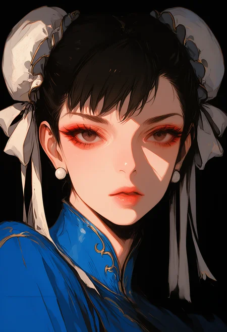 masterpiece, best quality, good quality, very awa, very aesthetic, absurdres, newest,, chun-li, 1girl, solo, looking_at_viewer, short_hair, bangs, simple_background, brown_hair, black_hair, dress, ribbon, brown_eyes, jewelry, hair_ribbon, earrings, parted_lips, hair_bun, lips, eyelashes, double_bun, makeup, blue_dress, shadow, chinese_clothes, lipstick, black_background, portrait, china_dress, white_ribbon, eyeshadow, bun_cover, eyeliner, 748cmstyle,usnr,retro