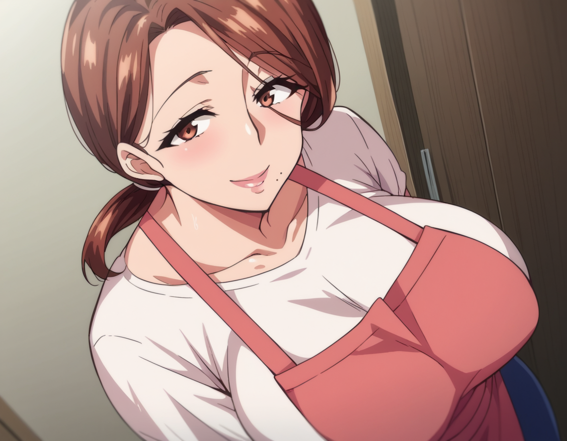 score_9, score_8_up, score_7_up, source_anime,
yumikokimura, <lora:yumiko-kimura-ova-ponyxl-lora-nochekaiser:1>,
yumiko kimura, long hair, brown eyes, mole, huge breasts, mole under mouth, mature female,
skirt, brown hair, apron, shirt, white shirt, pink apron, blue skirt, ponytail, hair over shoulder,
indoors, bent over, smile,
cowboy shot, looking at viewer, solo, dutch angle,