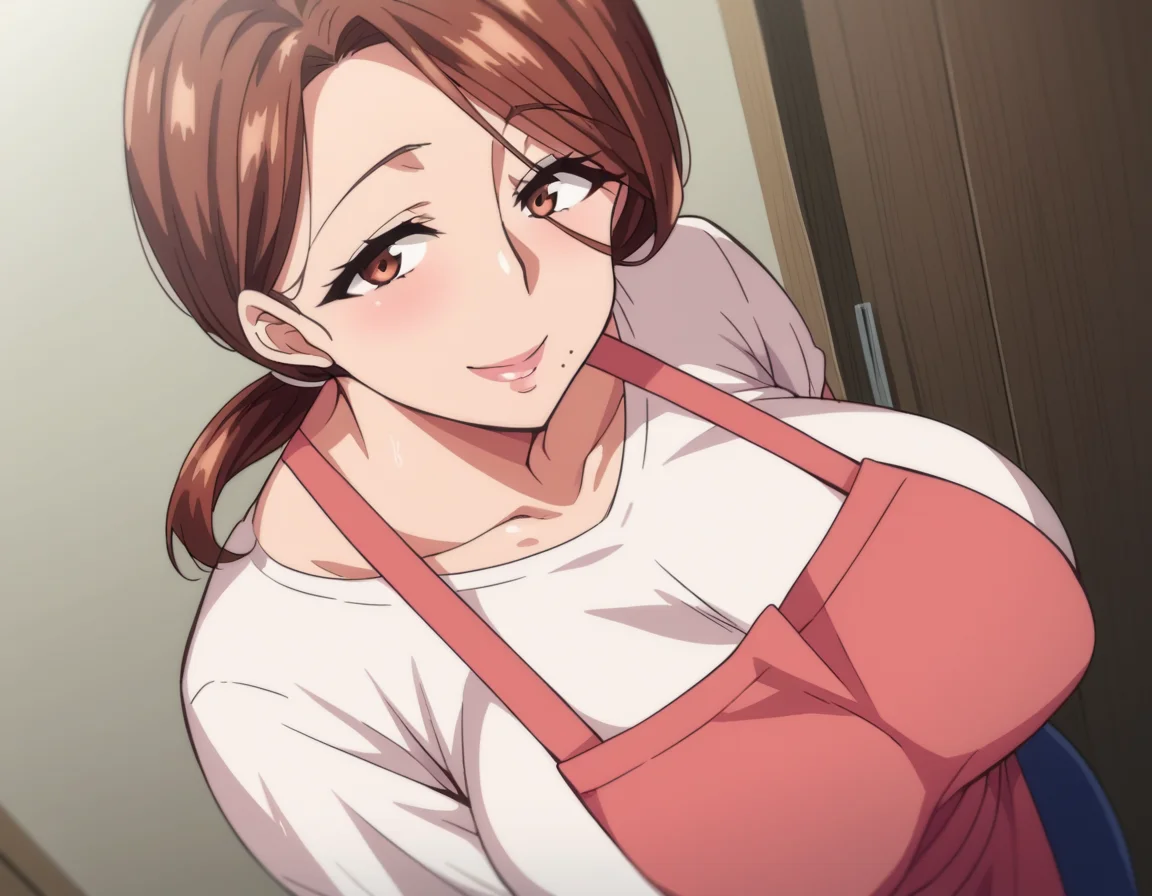 score_9, score_8_up, score_7_up, source_anime,
yumikokimura, <lora:yumiko-kimura-ova-ponyxl-lora-nochekaiser:1>,
yumiko kimura, long hair, brown eyes, mole, huge breasts, mole under mouth, mature female,
skirt, brown hair, apron, shirt, white shirt, pink apron, blue skirt, ponytail, hair over shoulder,
indoors, bent over, smile,
cowboy shot, looking at viewer, solo, dutch angle,