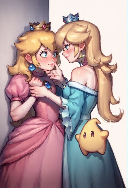 score_9, score_8_up, score_7_up, score_6_up,  source_anime, <lora:fdom_awall_v4.5_Pony-000012:0.6>
fdom_awall, yuri, 2girls, BREAK  nervous blushing, princess peach, pink dress, crown lhand_wristgrab, rhand_face, looking away, <lora:PrincessPeach_XLPD:.4>  BREAK  confident smiling rosalina, crown femdom, <lora:Rosalina_XLPD:0.4>  bare shoulders