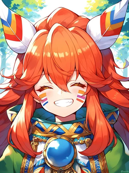 score_9, score_8_up, score_7_up, source_anime, rating_explicit, BREAK <lora:Popoi_XL:1>
Popoi, long hair, androgynous, feather hair ornament, hair ornament, feathers, red hair, facepaint, facial mark, orange hair, yellow eyes, very long hair, hair between eyes,
smile, solo, closed eyes, grin, twitter username,
forest,