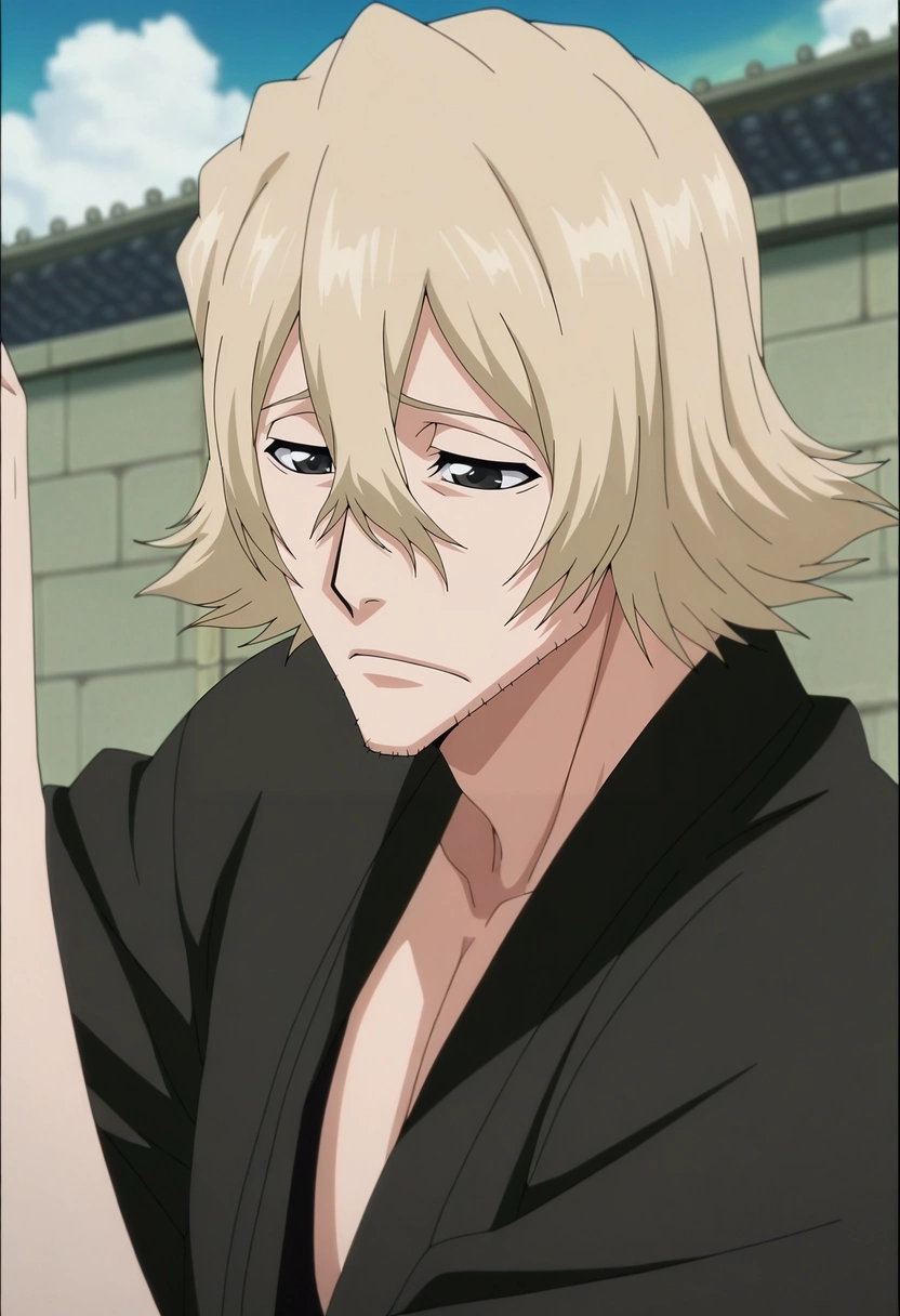 masterpiece, best quality, , anime screencap, anime coloring, , , 1boy, solo, male focus, <lora:kisuke_urahara_ilxl:1>, kisuke_urahara, blonde hair, black eyes, short hair, hair between eyes, facial hair, stubble, , close-up, great wall of china, day, clouds, dancing, sad, ,