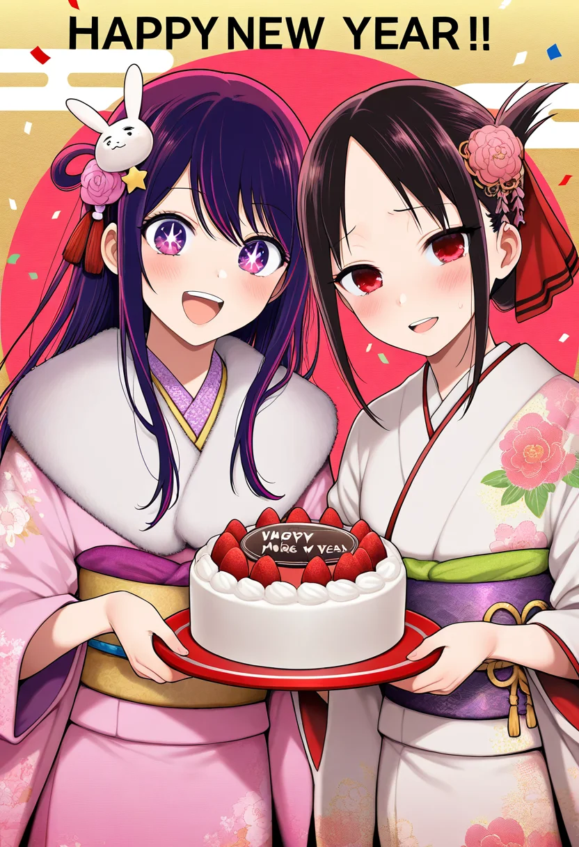 (masterpiece, best quality, good quality), hoshino ai, shinomiya kaguya, 2girls, blush, brown hair, cake, confetti, creator connection, egasumi, floral print, food, hair ornament, happy new year, japanese clothes, kimono, long hair, multiple girls, new year, obi, open mouth, pink kimono, purple eyes, purple hair, rabbit hair ornament, red eyes, sash, star-shaped pupils, star (symbol), symbol-shaped pupils, teeth, upper teeth only, white kimono, yokoyari mengo (style)