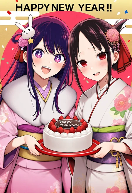 (masterpiece, best quality, good quality), hoshino ai, shinomiya kaguya, 2girls, blush, brown hair, cake, confetti, creator connection, egasumi, floral print, food, hair ornament, happy new year, japanese clothes, kimono, long hair, multiple girls, new year, obi, open mouth, pink kimono, purple eyes, purple hair, rabbit hair ornament, red eyes, sash, star-shaped pupils, star (symbol), symbol-shaped pupils, teeth, upper teeth only, white kimono, yokoyari mengo (style)
