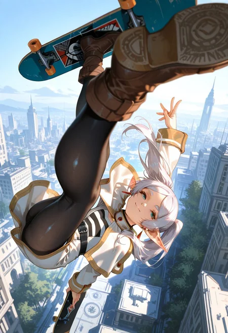 masterpiece, best quality, amazing quality, very awa, highres, absurdres, face focus, depth of field, detailed face, detailed eyes, detailed skin texture, (foreshortening:2), (asymmetric pose), (contrapposto), shadow, lighting, focused subject, dynamic angle, perfect eyes, realistic eyes, ((4k, 8k, Ultra HD)), ((Masterpiece :1.2)), ((Best quality :1.2)), ((Detailed :1.5)), ((Detailed background :1.5)), moody lighting, Rembrandt lighting, artist: takemura sessyu, semi-realistic, pastel palette, vibrant colors, BREAK, frieren, pointy ears, elf, black pantyhose, twintails, parted bangs, leather brown boots, gold-trim white capelet, clear sky, blue sky, contemporary poster, floating hair, full body, green eyes, long sleeves, looking at viewer, smug, revealing clothes, sleeve cuffs, solo focus, outdoors, video game cover, shiny silver hair, gold-trim white skirt, holding skateboard, dynamic skateboarding pose, body high up in the air, legs up, twisted torso, flexed knee, thigh close-up, body close-up, view from above, from side, Central Park below