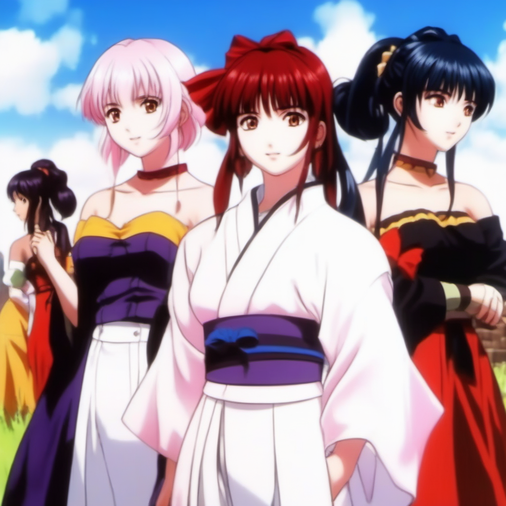 Ultra-realistic extremely detailed real life 8k masterpiece of a group of gorgeous women with different color hair in a village, epic background, extremely detailed eyes mouth and facial features, breathtaking epic lighting, cinematic composition, sakura wars anime style  <lora:sakura wars anime style:1>