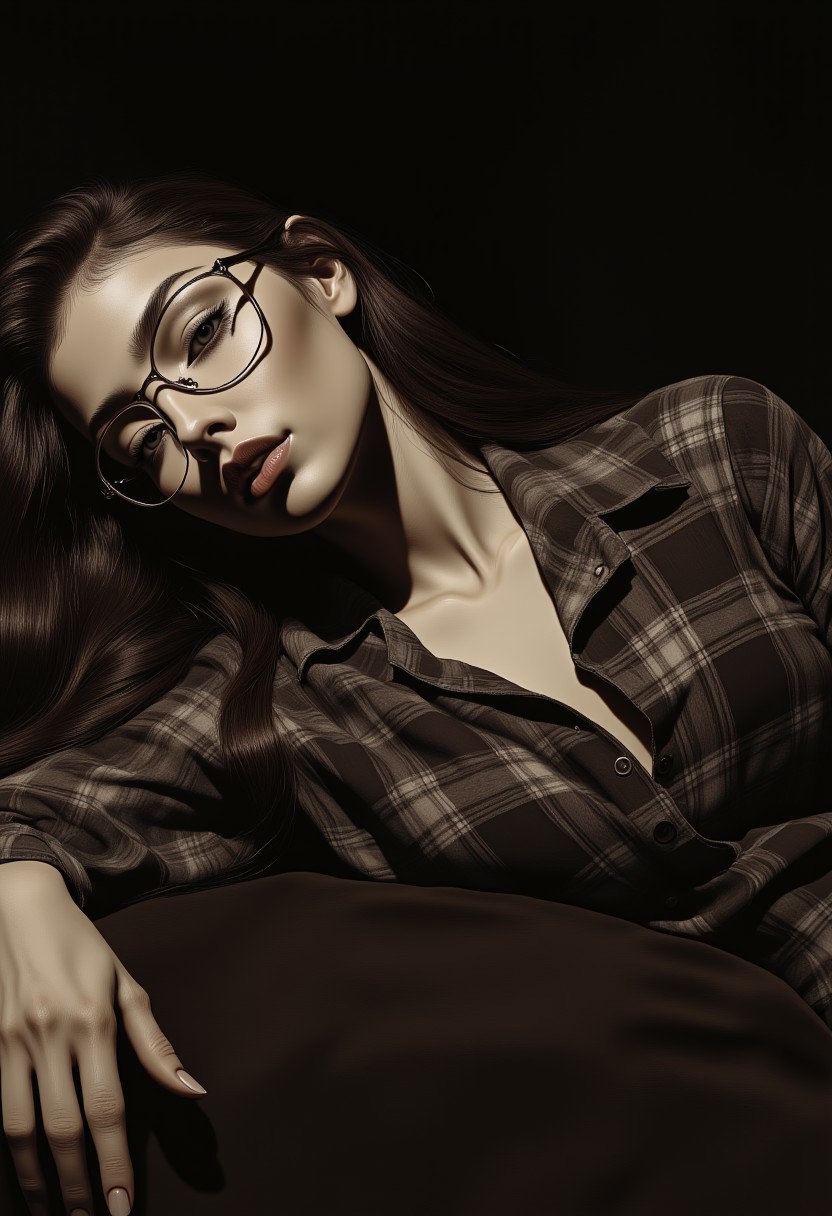 An exquisite digital painting of an attractive woman with long dark hair, wearing glasses and a plaid shirt. She is reclining in a relaxed and subtly sensual pose, her eyes gently closed. The overall mood of the image is warm and inviting, with a touch of vintage charm. The painting is rendered in a monochromatic grayscale color scheme, with a warm sepia tone that adds depth and richness. The lighting is soft, highlighting her hair and skin, while the smooth skin texture contrasts with the slightly textured fabric of her shirt. The dark background allows her to stand out, showcasing the high level of detail in the rendering