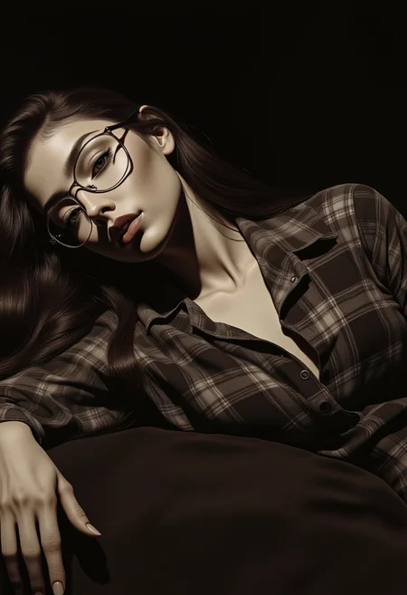 An exquisite digital painting of an attractive woman with long dark hair, wearing glasses and a plaid shirt. She is reclining in a relaxed and subtly sensual pose, her eyes gently closed. The overall mood of the image is warm and inviting, with a touch of vintage charm. The painting is rendered in a monochromatic grayscale color scheme, with a warm sepia tone that adds depth and richness. The lighting is soft, highlighting her hair and skin, while the smooth skin texture contrasts with the slightly textured fabric of her shirt. The dark background allows her to stand out, showcasing the high level of detail in the rendering