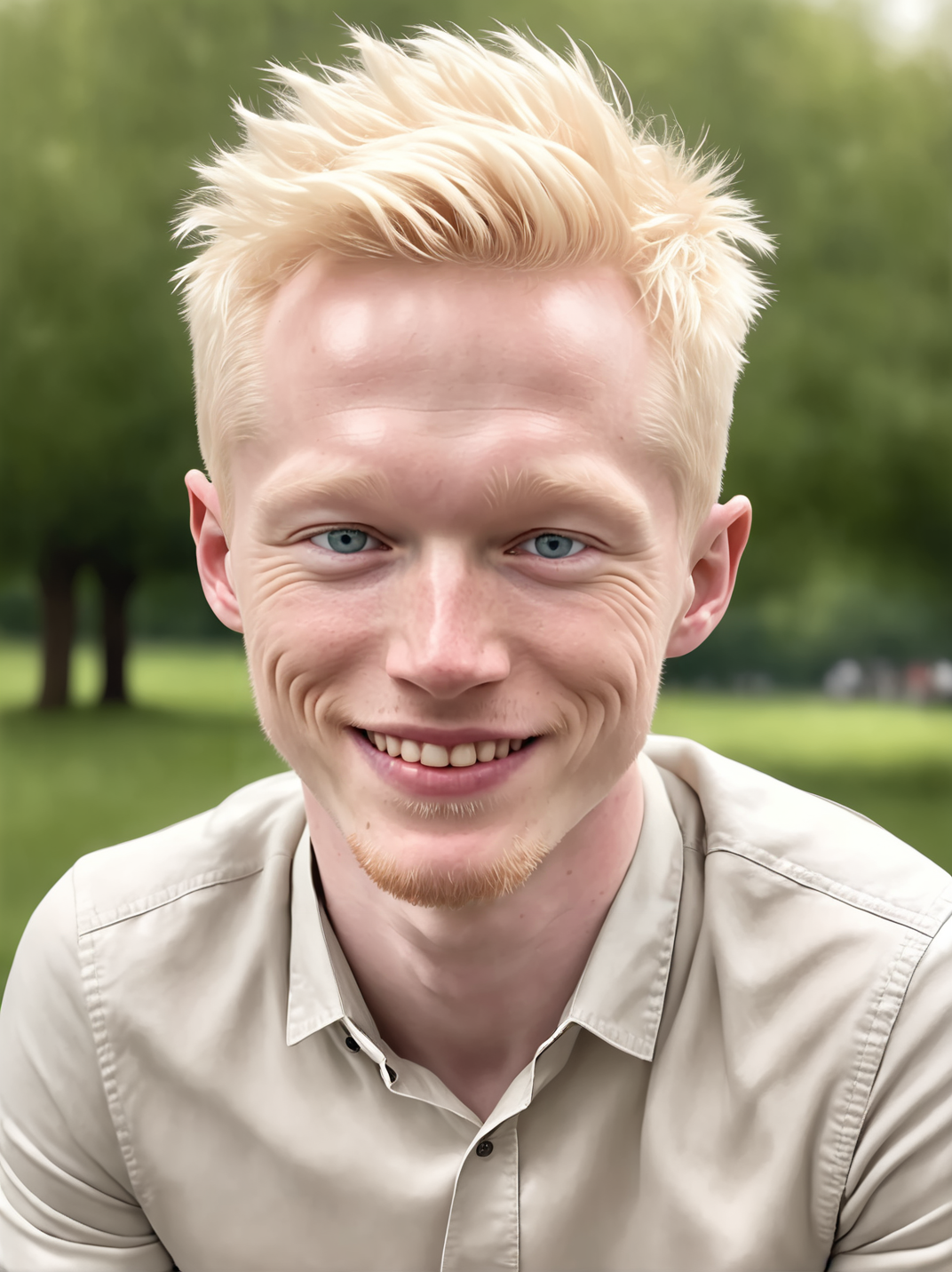 professional photograph, high resolution, 30yo drewsynthxl, portrait, solo, realistic, happy, albino,
face focus, ,
in the park, overcast