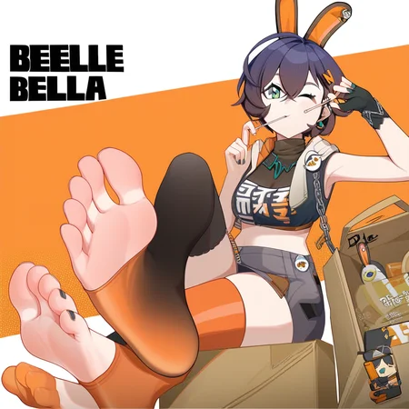 belle \(zenless zone zero\), character name, unworn headwear, orange thighhighs, ear piercing, arm up, toenails, orange nails, jewelry, rabbit ears, box, crop top, necklace, one eye closed, toenail polish, food in mouth, chain necklace, pantyshot, holding lollipop, bag, holding food, black nails, mismatched legwear, turtleneck, thighs, holding phone, two-tone background, white scarf, solo, cleavage, brown hair, orange ribbon, foot focus, fingerless gloves, head rest, midriff, black gloves, sleeveless