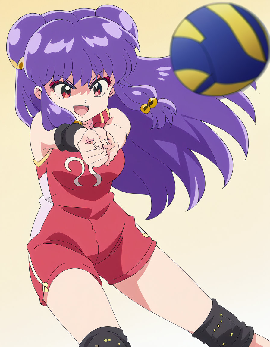 score_9, score_8_up, score_7_up, source_anime, <lora:shampoo-s1-ponyxl-lora-nochekaiser:1>, shampoo, shampoo (ranma 1/2), long hair, hair ornament, red eyes, purple hair, hair bun, double bun, medium breasts, anime screencap,, <lora:bump-volleyball-ponyxl-lora-nochekaiser:1> bump volleyball, bump (volleyball), volleyball, volleyball (object), outstretched arms, own hands together, clenched hands, open mouth, smile,, <lora:volleyball-uniform-ponyxl-lora-nochekaiser:1> volleyball uniform, sportswear, elbow pads, elbow sleeve, knee pads, sleeveless, shorts, short shorts,, cowboy shot,, , dutch angle, cowboy shot