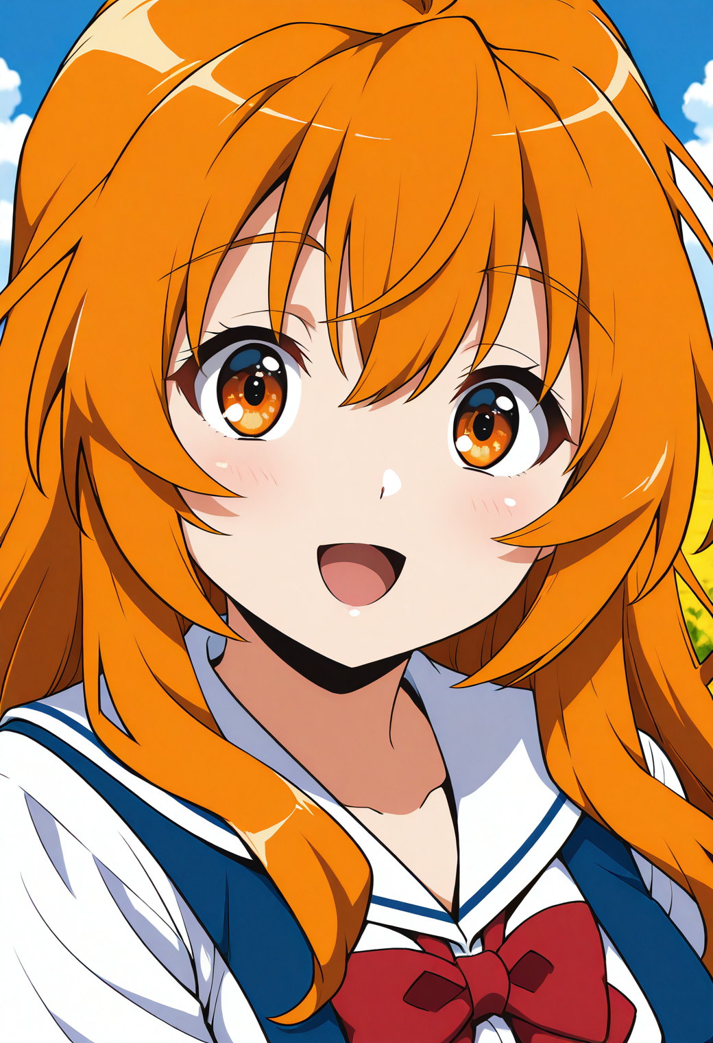 minami_chihiro, orange eyes, orange hair, long hair, school uniform, red bowtie, white shirt, short sleeves, blue skirt, suspender skirt, <lora:minami_chihiro_illustrious_ver1:0.8> 
smile,, masterpiece, best quality, general,, 1girl, solo, (field:1.2), (blue sky:1.2), looking at viewer,, (upper body:1.2), (close-up:1.2), (facing viewer:1.2), (open eyes:1.4), (portrait:1.2)