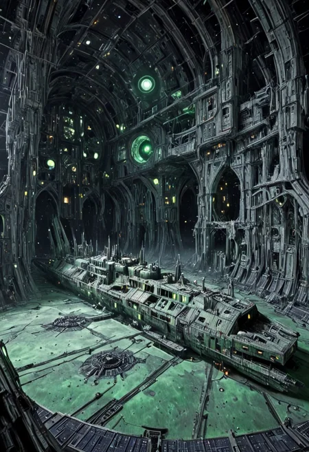 h0rr0rstyl3, CosmicStyle, drifting derelict ships, salvage field above a shattered moon, gothic cathedral-style architecture on spacecraft hulls, exposed wiring and floating wreckage, long-forgotten mega-freighters with corroded insignia, solar panels warped and useless, haunted space ambiance, flickering distress signals echoing in void, glowing green algae growth along internal lights, ancient battle scars etched into metal skin, abandoned escape pods orbiting silently, cinematic shadows and starlight, deep sci-fi horror aesthetic, post-apocalyptic fleet graveyard, hollow silence