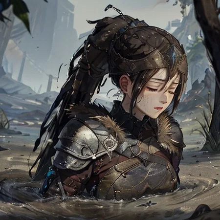masterpiece,
1 young adult woman, SenuaHell, solo, closed mouth, open eyes, ponytail, dark skin, armor, long hair, upper body, realistic, dreadlocks, brown hair, shoulder armor, jewelry, pauldrons, black hair, breasts,
partially submerged into quickand
sharp focus, depth of field, ray tracing, rule of third,