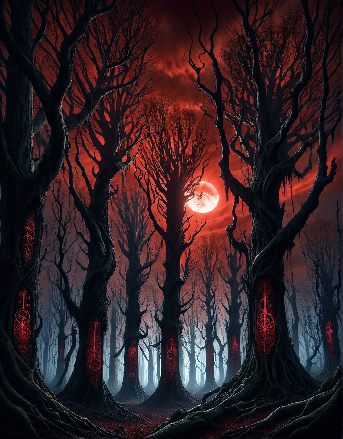 ais-rcn, a twisted forest of skeletal trees, their branches clawing at a blood-red sky. In the distance, a hunched figure watches from the shadows. <lora:ais-rcn-sdxl:1>