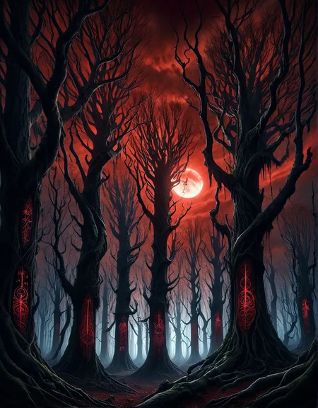 ais-rcn, a twisted forest of skeletal trees, their branches clawing at a blood-red sky. In the distance, a hunched figure watches from the shadows. <lora:ais-rcn-sdxl:1>
