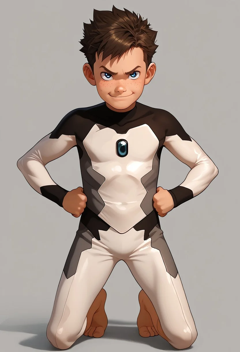 score_9, score_8_up, score_7_up,1boy, solo, cute boy, Koji, Blue Eyes, Brown Hair, Freckles, Bodysuit, Barefoot, hands on hips, smug smile, PONYXL_AlexRoss_ComicArt_ownwaifu