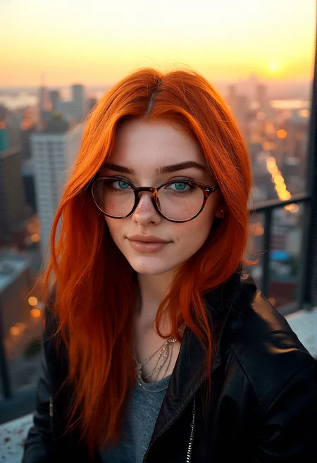 A beautiful 18-year-old woman with ginger hair, striking aqua eyes, soft freckles, bold eyebrows, and glasses for a nerdy appearance. She is in a modern, stylish outfit, and is captured in an upper body camera shot, striking a random pose as she looks towards the viewer.
A high-rise rooftop overlooking a city skyline during sunset, with warm golden hues, a slight breeze moving the hair, and the distant glow of city lights starting to come alive.