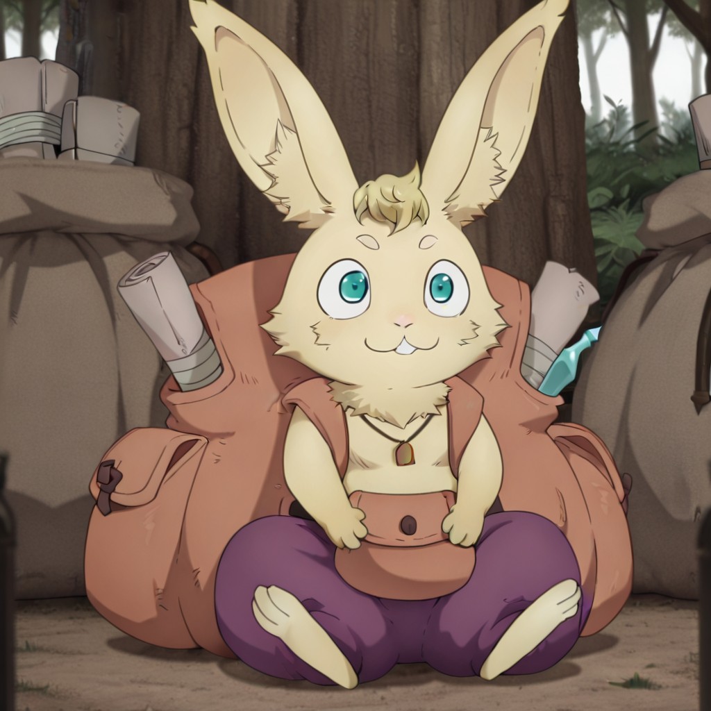 masterpiece, best quality, amazing quality, PeatzslfIL, semi-anthro, male, rabbit, cream blonde fur, turquoise eyes, disproportionately large backpack, belt, belt pouch, necklace, loose purple pants, sitting, in a forest,, <lora:0c4164a6-c6d1-4632-967b-6a886e74672e:1.0>