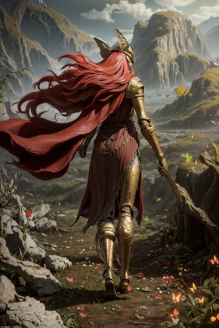 (eldenring\(type2\):1.8), eldenring\(malenia\), (8k, RAW photo, best quality, masterpiece:1.2), (realistic, photo-realistic:1.37),winged helmet, beautiful face, beautiful eyes, very long hair, 1girl, beautiful face, (long red cape:1.3), solo, mecha right arm, mecha left leg, (cursed_left_arm), very long hair, red hair, red cape, dress, covered eyes, closed mouth, full body,(right hand prosthesis:1.3), (((left hand is nature))), ((prosthesis left leg:1.2)),(right leg is nature:1.1), weapon, holding blade, face to the viewer, ((malenia_blade)), tattoo, ((butterfly)),((bug)), from behind,