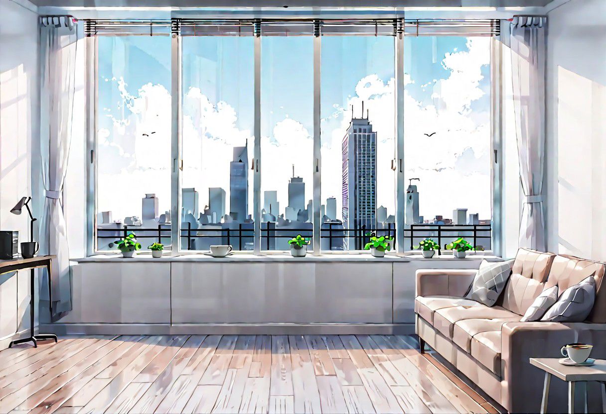 ((((front view)))), Shallow scene, ((animation style)), (((City high-rise building scenery))), ((((City scenery outside the window)))), (Facing the window), (open window), modern-style interior, Wooden floor, with white walls, (large windows), a living room, sofa and coffee table by the window sill, (The sofa is placed horizontally with its back against the window sill), noon, clear sky, low saturation
