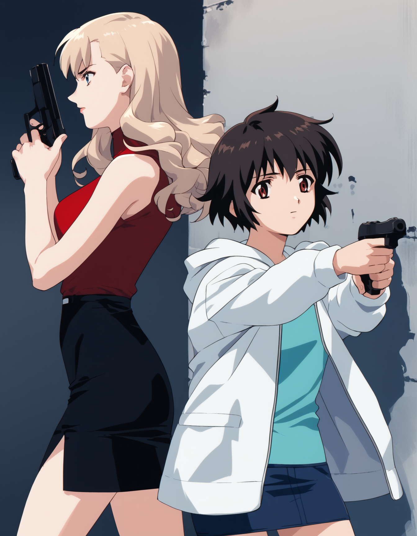 score_9, score_8_up, score_7_up, score_6_up, score_5_up, score_4_up
<lora:noir-2x-ponyxl-000016:0.5>
2girls, holding gun, handgun, aiming, looking to the side, from side, wall
BREAK
nwrmir, blonde hair, sleeveless turtleneck, red shirt, pencil skirt,
BREAK
yuumura kirika, camisole, blue shirt, hoodie, white hoodie, pencil skirt, microskirt