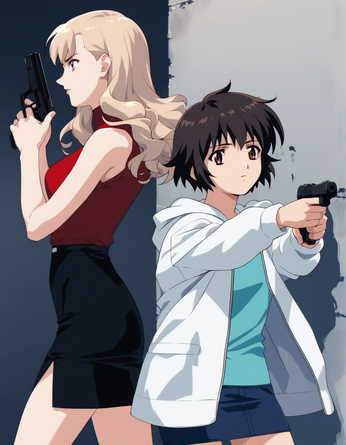 score_9, score_8_up, score_7_up, score_6_up, score_5_up, score_4_up
<lora:noir-2x-ponyxl-000016:0.5>
2girls, holding gun, handgun, aiming, looking to the side, from side, wall
BREAK
nwrmir, blonde hair, sleeveless turtleneck, red shirt, pencil skirt,
BREAK
yuumura kirika, camisole, blue shirt, hoodie, white hoodie, pencil skirt, microskirt