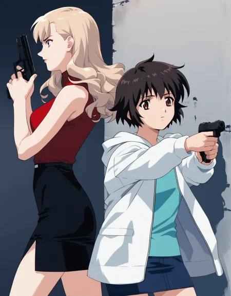 score_9, score_8_up, score_7_up, score_6_up, score_5_up, score_4_up
<lora:noir-2x-ponyxl-000016:0.5>
2girls, holding gun, handgun, aiming, looking to the side, from side, wall
BREAK
nwrmir, blonde hair, sleeveless turtleneck, red shirt, pencil skirt,
BREAK
yuumura kirika, camisole, blue shirt, hoodie, white hoodie, pencil skirt, microskirt