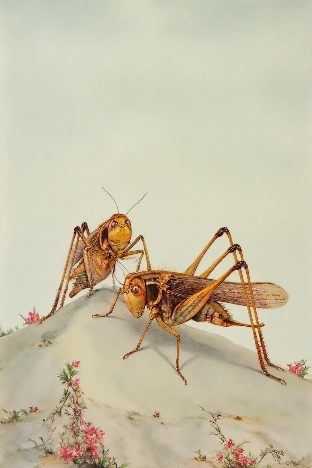 detmo1d watercolor painting.
Watercolor painting of two grasshoppers on a rocky surface, rendered in a meticulous watercolor technique. The image is set against a soft, pale background that transitions from a light beige at the bottom to a slightly darker shade towards the top, creating a subtle gradient effect. The grasshopper on the left has a more vibrant coloration, with its body showcasing a mix of warm brown and orange hues, accented by intricate, detailed patterns on its wings and legs. <lora:detmold1_cap_d6a3e13:1.0><lora:831796515384090235:0>