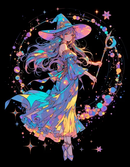 lyh_niji, vibrant reflective holographic drawing in the style of ckhg, Alphonse Mucha Style, Art Nouveau Poster art of a witch wear witch's hat holds a magic wand and walks on tiptoe like a rhythmic gymnast
delicate features
cracked light , smokey haze in floating
Illustrations with clear lines in a well-designed posters design, black background
<lora:ck-holographic-glitter-000015:0.5><lora:Alphonse Mucha Style:0.6>