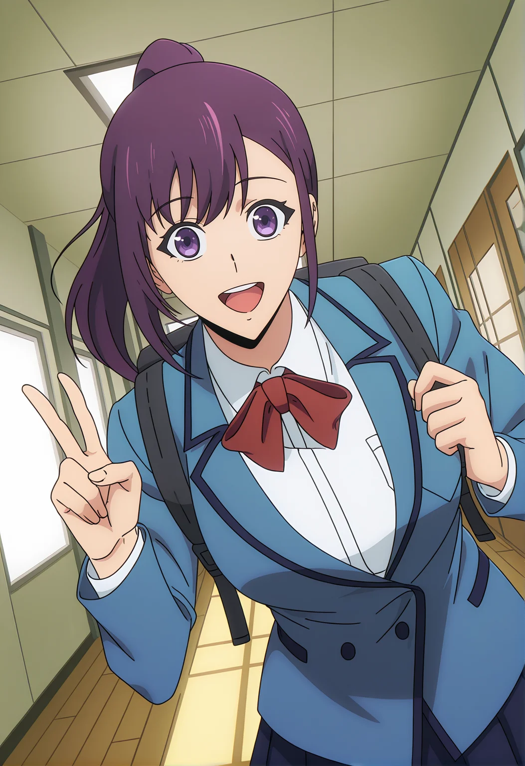 <lora:Sung Jin ah_illustrious-000038:1>,
Sung Jin-ah,purple eyes,purple hair,
solo,open mouth,looking at viewer,red bowtie,blue jacket,shirt,anime coloring,white shirt,upper body,indoors,bag,parody,backpack,dark blue skirt,cowboy_shot,pleated skirt,v,smile