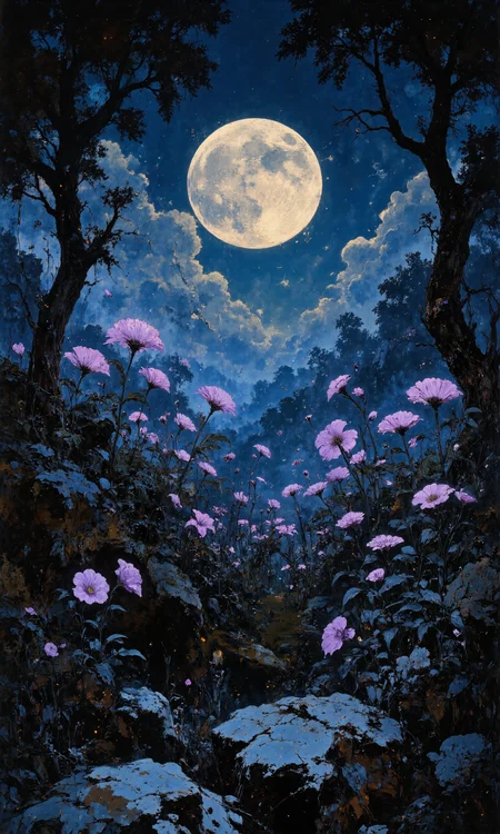 Ethereal firefly meadow, bioluminescent wildflowers emitting soft blue and purple glows, tall grass swaying gently in night breeze. Thousands of fireflies dancing, creating patterns of golden light. Silhouettes of ancient oak trees frame the scene. Full moon casts silver light, illuminating dewdrops on petals. Mist hovers low, adding mystery. Crickets and night birds barely visible. Stars twinkling above, reflecting in a hidden pond. Macro details of glowing moss and lichen on rocks. Dreamy, surreal atmosphere. Photorealistic, 8K resolution, soft focus edges, rich deep colors <lora:FLUX-daubrez-DB4RZ:0.7> <lora:Comic book V2:0.6> <lora:Mezzotint_Artstyle_for_Flux_-_by_Ethanar:0.7> <lora:Anime v1.3:0.5> <lora:Let_It_Blaze_in_Crimson_anime_v1.0:0.7> <lora:flux_dev:1>
