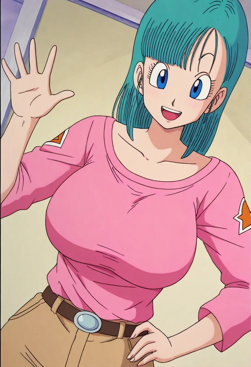 general,highres, ultra-detailed,very aesthetic,best quality ,best hands,best eyes,easynegative,
dynamic anglre, dutch angle, anime cloring,anime screencap,
1girl solo,looking at viewer,smile,open mouth,wilderness,hand on hip,
Bulma,light blue hair ,blue eyes, huge_breasts,long pink shirt,
